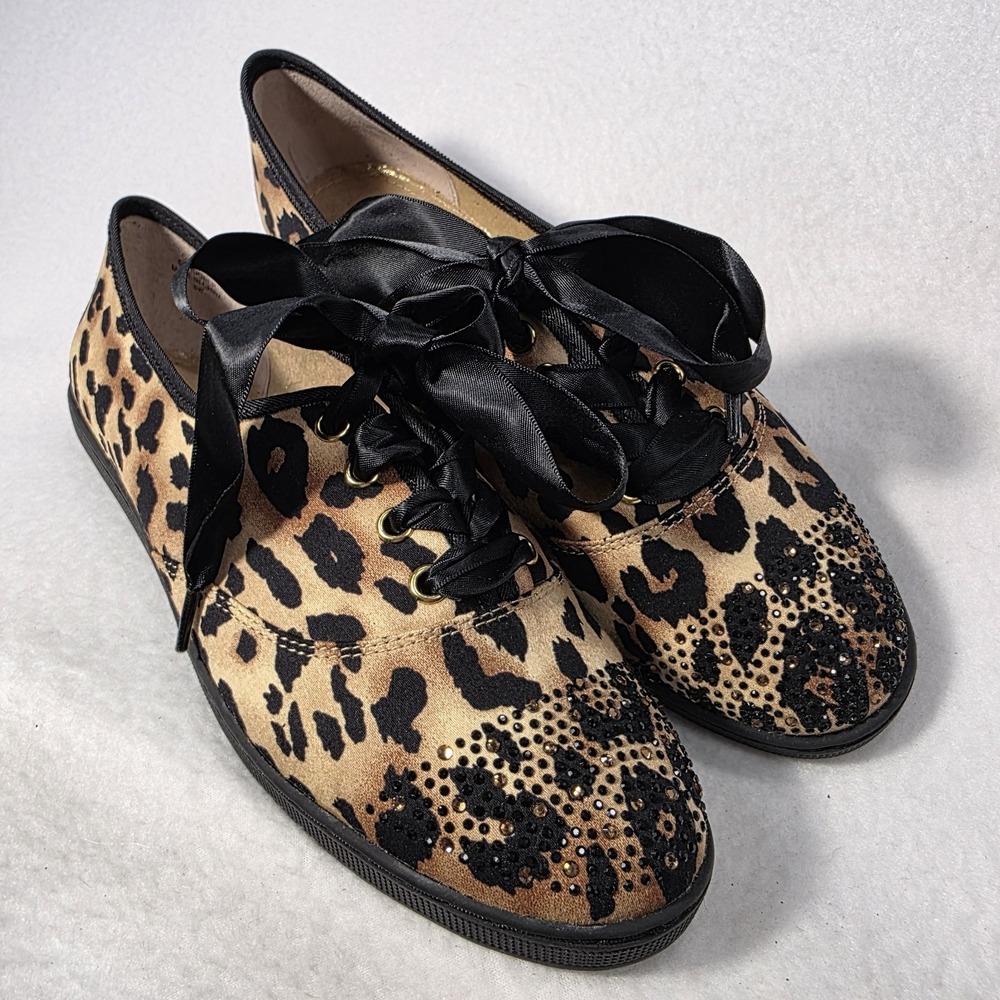 J. RENEE SHOES 8W Leopard Print Black Ribbon Laces Gold Rhinestone Sparkle Toes
